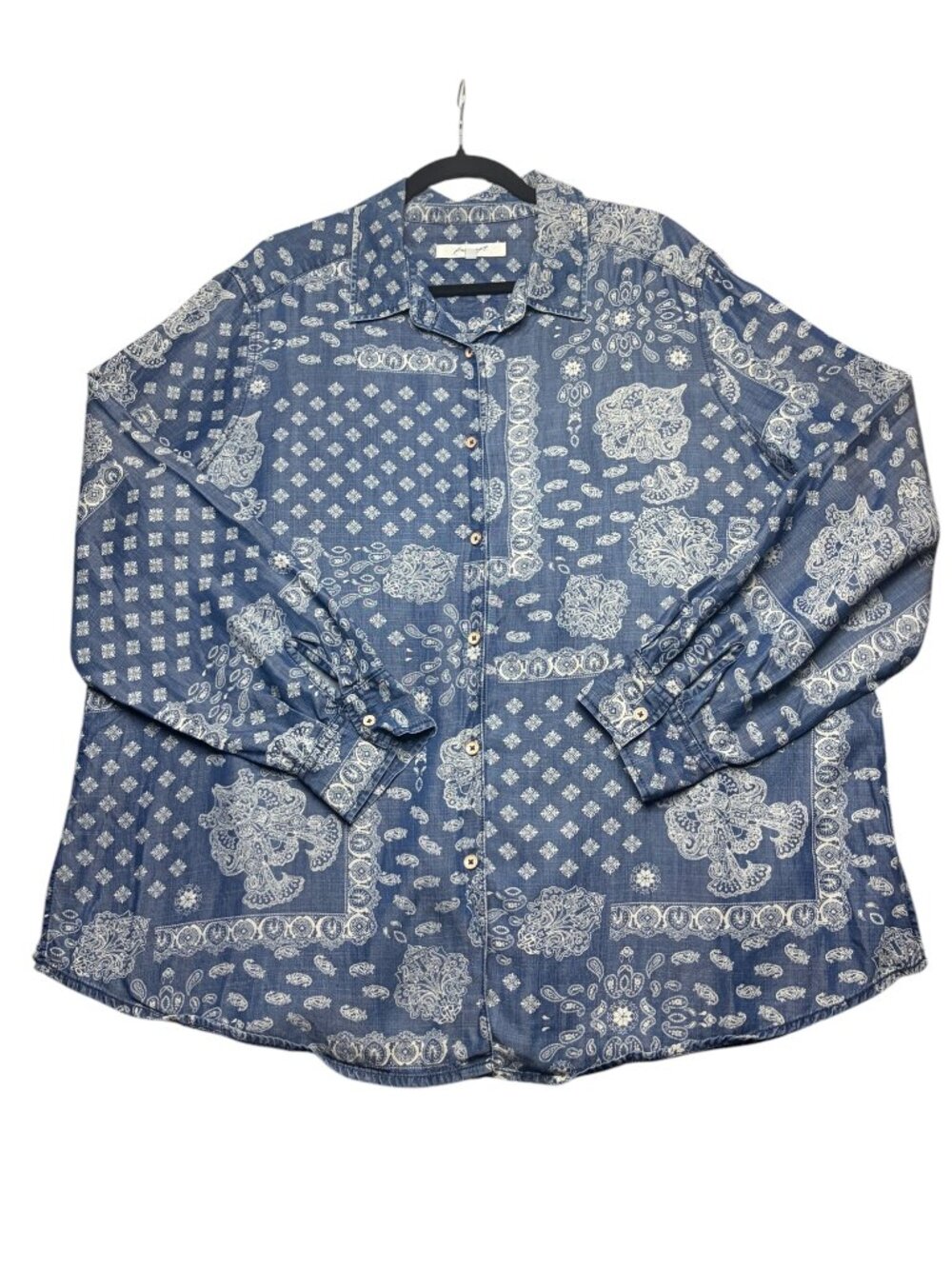 Foxcroft 20W Button Down Shirt Blue Chambray Bandana Paisley Print Patchwork Top